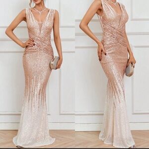 Luxe plunging V neck sequins mermaid hem party formal evening bridesmaids dress